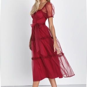 Magnetic Presence Red Wine Swiss Dot Puff Sleeve Midi Dress